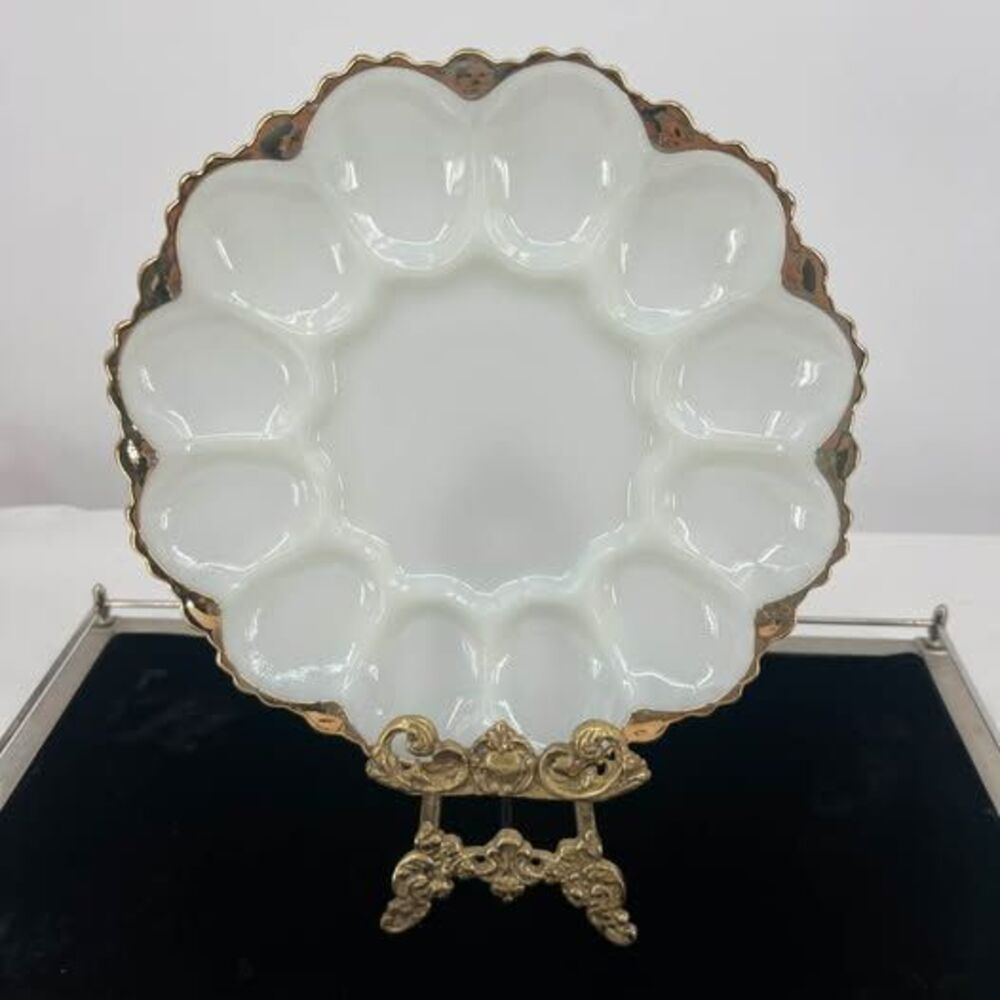 Vintage Anchor Hocking Milk Glass Deviled Egg Plate Gold Trim 12 Egg Platter 10"